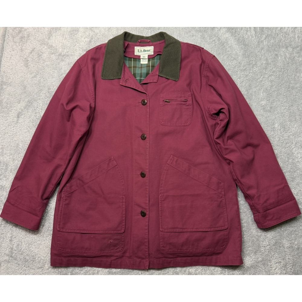 Vintage 90s LL Bean Barn Chore Coat Flannel Lined Red Canvas Jacket Size L USA